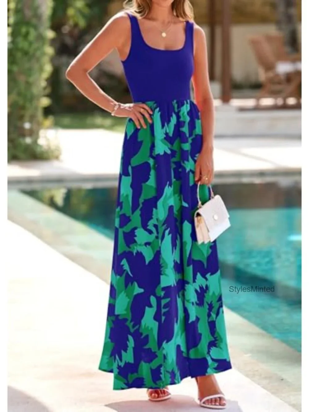 Women's Boho Floral Maxi Sundress Sleeveless Tank Dress with Pockets